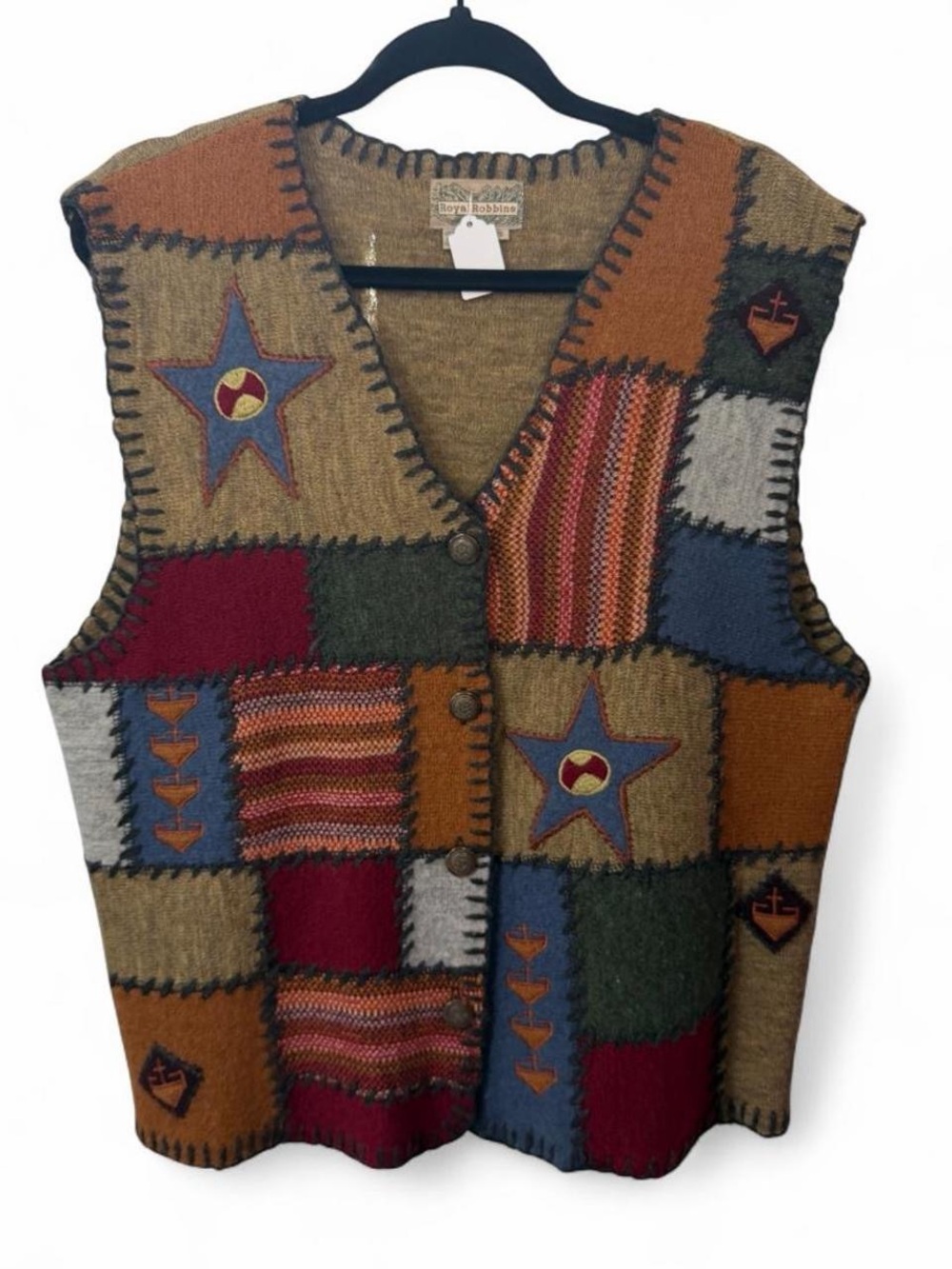 Vintage patchwork knit embroidered sweater vest size large